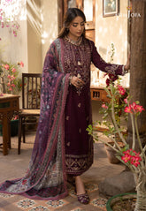 BrandsInn-3PC DHANAK EMBROIDRED SHIRT WITH COURTRAI PRINTED SHAWL AND TROUSER-BI-4252